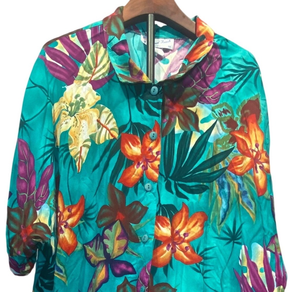 Vintage Women's 3X Tropical Floral Button Up Shirt Teal Rayon Made in USA